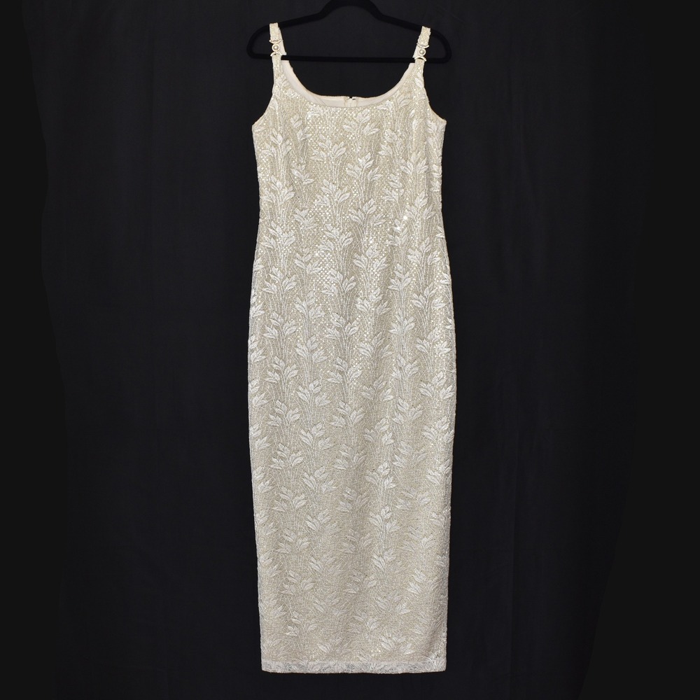 Betsy & Adam Vintage Lace Sequin Maxi Dress Cream Gold Pearl Straps Size 12